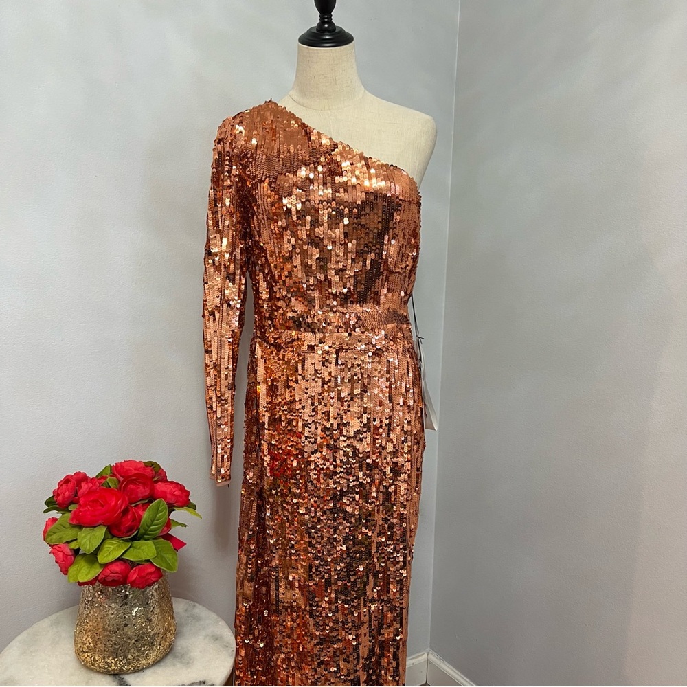 MAC DUGGAL Copper Long Sleeve One Shoulder Sequin Gown With Slit - New W/Tag - Picture 6 of 17